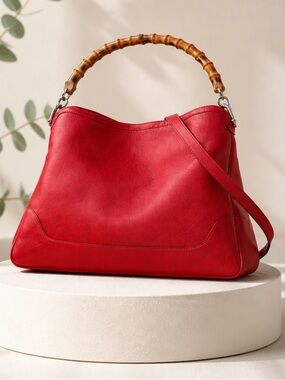 Gucci Red Leather Shoulder Bag with Bamboo Handle.